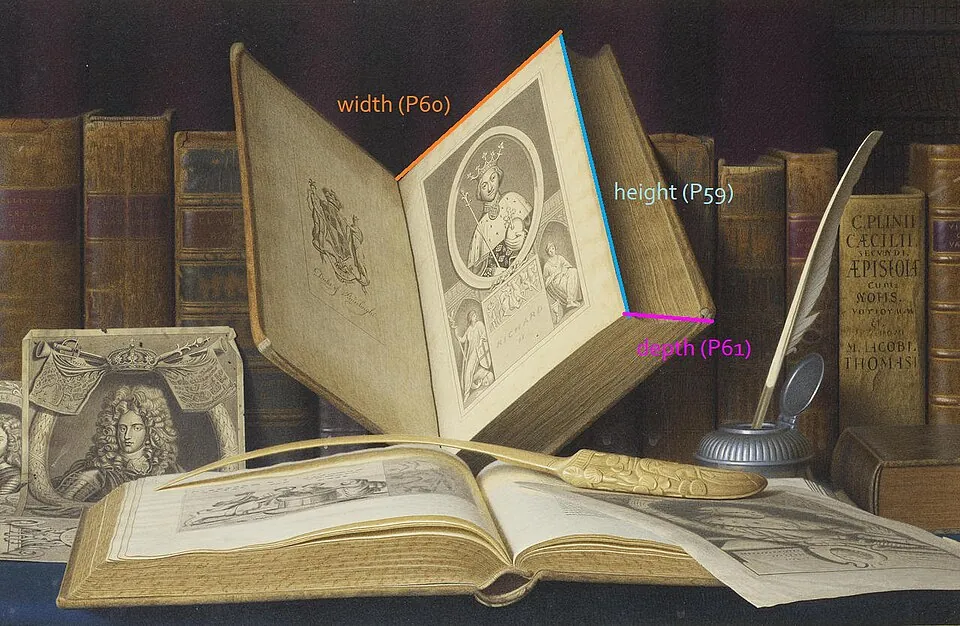 Old books on a desk mith measurements from FactGrid. Illustrated by Olaf Simons